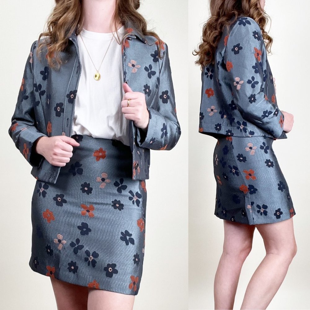 Vintage Flower Power Mini Skirt Jacket Set Coordinating Matching Floral Suit